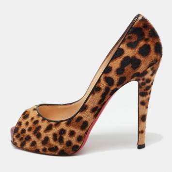 Pre Owned Christian Louboutin Brown Calf Hair Lady Peep Toe Pumps Size 38