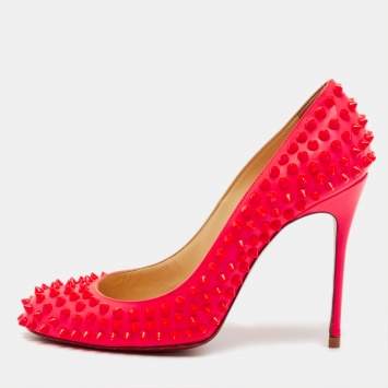 Pre Owned Christian Louboutin Neon Pink Patent Leather Fifi Spike Pumps Size 39