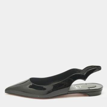 Pre Owned Christian Louboutin Black Patent Leather Hot Chickita Slingback Flats Size 37.5