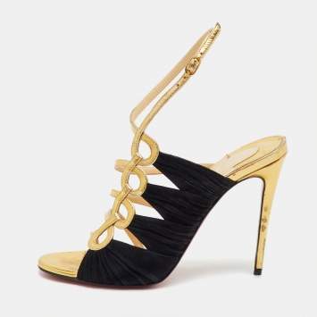 Pre Owned Christian Louboutin Gold/Black Patent Leather and Suede Tina Cage Sandals Size 36.5