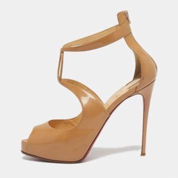 Pre Owned Christian Louboutin Rosie Size 39 Beige Patent Leather Peep Toe Platform Sandals