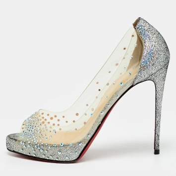 Pre Owned Christian Louboutin Very strass Size 39 Transparent/Metallic Leather and PVC Peep Toe Pumps