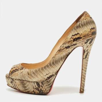 Pre Owned Christian Louboutin Lady Peep Size 37 Green Python Leather Platform Pumps