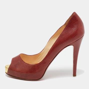 Pre Owned Christian Louboutin Size 38.5 Red Karung Leather Platform Peep Toe Pumps