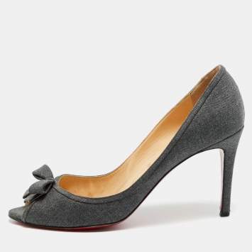 Pre Owned Christian Louboutin Milady Bow Size 41 Grey Denim Platform Pumps