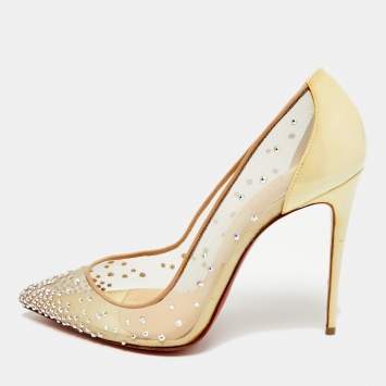 Pre Owned Christian Louboutin Follies Strass Size 38 Yellow Net and Patent Leather Pumps