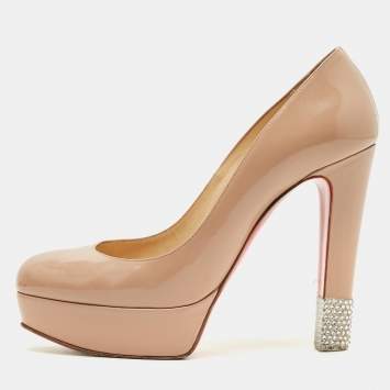 Pre Owned Christian Louboutin Filter Size 38.5 Beige Patent Leather Platform Pumps