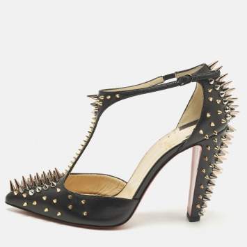 Pre Owned Christian Louboutin Goldostrap Size 37.5 Black Leather Spike Pumps