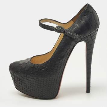 Pre Owned Christian Louboutin Lady Daf Size 37 Black Python Leather Mary Jane Pumps