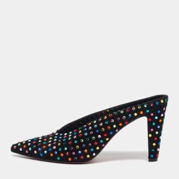 مملوكة مسبقًا Christian Louboutin Veryvee Strass Boum Size 38.5 Black Suede Multicolor Crystal Embellished Mules