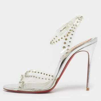 مملوكة مسبقًا Christian Louboutin Icon A Clous Size 38.5 Silver PVC Ankle Strap Sandals