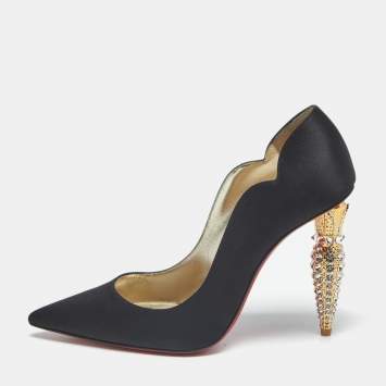 Pre Owned Christian Louboutin Lipstrass Size 39 Black Satin Pumps