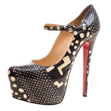 Pre Owned Christian Louboutin Monochrome Printed Snake Skin Daffodile Mary Jane Platform Pumps Size 38