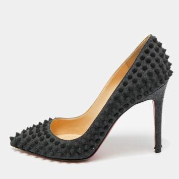 Pre Owned Christian Louboutin Pigalle Spikes Size 38 Grey Wool Pumps