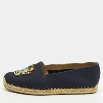 Pre Owned Christian Louboutin Lougalia Size 40 Navy Blue Canvas Espadrille Flats