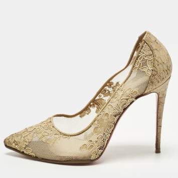 Pre Owned Christian Louboutin Pigalle Follies Size 37 Beige Croc Embossed Leather and Lace Pumps