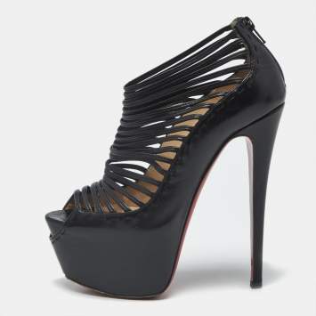 Pre Owned Christian Louboutin Zoulou Size 38.5 Black Leather Peep Toe Pumps