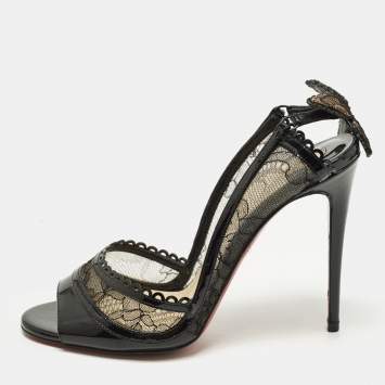 Pre Owned Christian Louboutin Size 36 Black Lace and Patent Leather Chantilly Butterfly Peep Toe Pumps