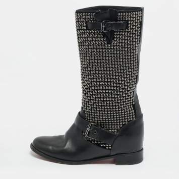 Pre Owned Christian Louboutin Size 38 Black Leather and Suede Studded Buckle Mid Calf Boots