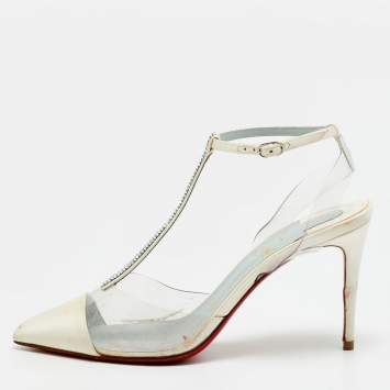 Pre Owned Christian Louboutin Nosy Size 36 White/Transparent PVC and Satin T-Strap Pumps