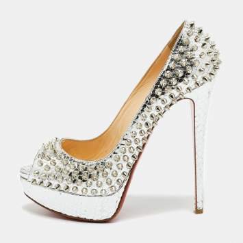 Pre Owned Christian Louboutin Lady Peep Spikes Size 39.5 Silver Python Leather Platform Pumps