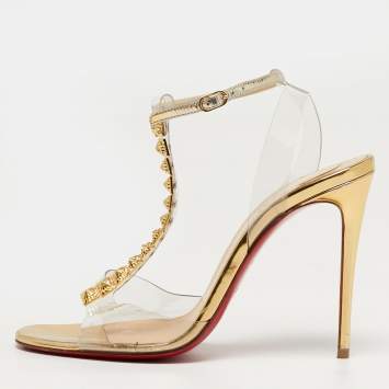Pre Owned Christian Louboutin Jamais Assez Size 37 Gold Leather and PVC Ankle Strap Sandals