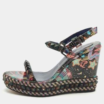 مملوكة مسبقًا Christian Louboutin Pyraclou Size 40 Multicolor Patent Leather Wedge Sandals