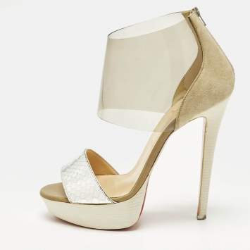 مملوكة مسبقًا Christian Louboutin Dufoura Size 38 Tricolor Python Embossed Leather and Suede Sandals