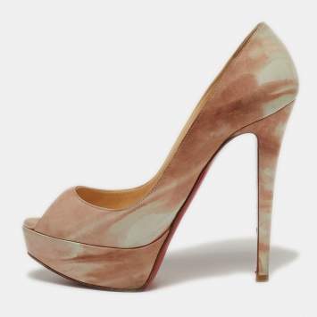 Pre Owned Christian Louboutin Lady Peep Size 36.5 Beige/Pink Leather Peep Toe Pumps