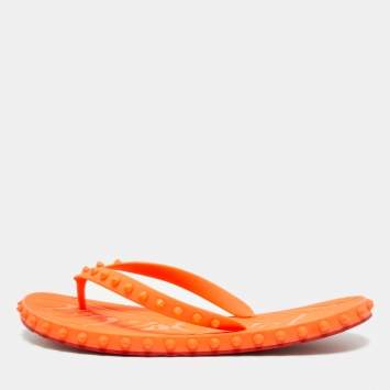Pre Owned Christian Louboutin Super Loubi Size 42 Orange Rubber Flat Slides 