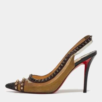 Pre Owned Christian Louboutin Studded Size 37.5 Multicolor PVC, Python Leather and Suede Slingback Pumps