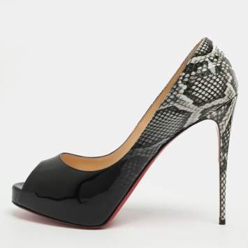 Pre Owned Christian Louboutin New Very Prive Size 42 Black/Grey Snake Print Patent Leather Peep Toe Pumps