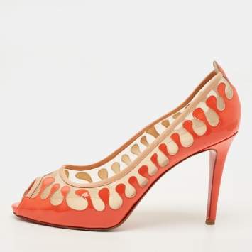 Pre Owned Christian Louboutin Size 41 Orange/Beige Mesh and Patent Leather Peep Toe Pumps