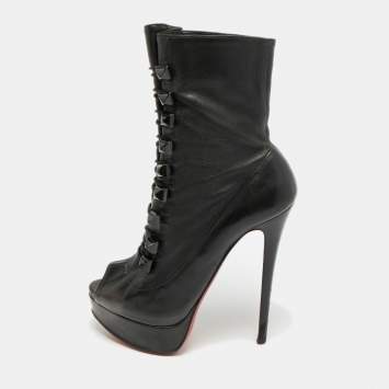 Pre Owned Christian Louboutin Alta Bouton Size 37.5 Black Leather Ankle Length Boots