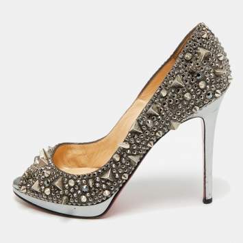 Pre Owned Christian Louboutin Size 38.5 Silver Glitter Peep Toe Pumps