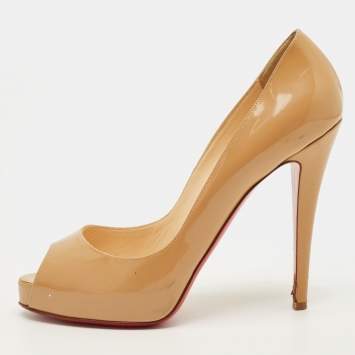 Pre Owned Christian Louboutin New Very Prive Size 38.5 Beige Patent Leather Peep Toe Pumps