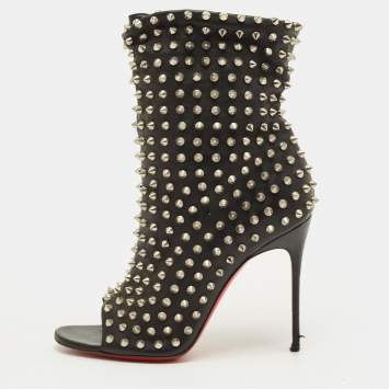 Pre Owned Christian Louboutin Guerilla Size 38 Black Leather Spike Open Toe Slouchy Ankle Length Boots