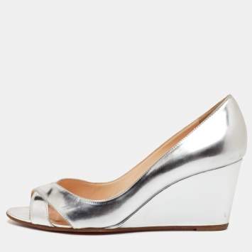 Pre Owned Christian Louboutin Riveto Size 37.5 Silver Glazed Leather Wedge Pumps