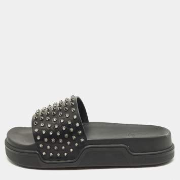 Pre Owned Christian Louboutin Spike Size 43 Black Leather Flat Slide