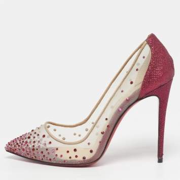 Pre Owned Christian Louboutin Follies Strass Size 37 Pink Mesh and Metallic Fabric Pointed Toe Pumps