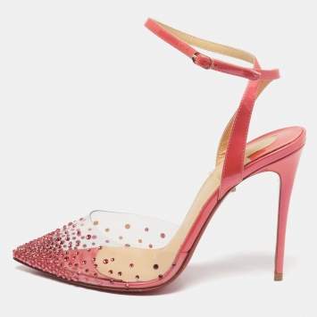 Pre Owned Christian Louboutin Spikaqueen Size 36.5 Transparent/Pink PVC and Patent Leather Ankle Strap Pumps