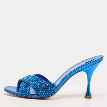 Pre Owned Christian Louboutin Mariza Size 40 Blue Metallic Embossed Suede Strass Slide Sandals