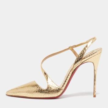 Pre Owned Christian Louboutin Size 40 Gold Python Embossed Leather Slingback Pumps