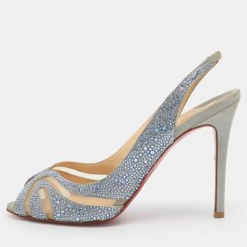Pre Owned Christian Louboutin Alta Spina Strass Size 35.5 Grey/Blue Suede and Mesh Slingback Sandals 