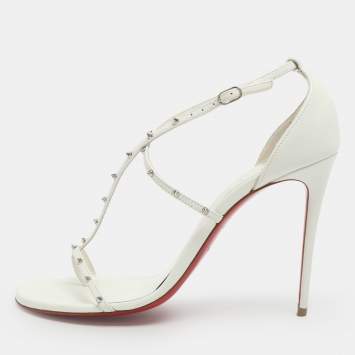 Pre Owned Christian Louboutin Riojana Spikes Size 38.5 White Leather Sandals 