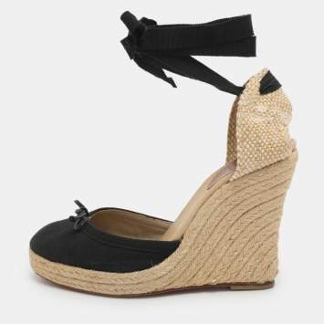 Pre Owned Christian Louboutin Carino Plato Size 38 Black Canvas Espadrille Wedge Pumps 