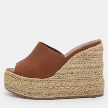 Pre Owned Christian Louboutin Ariella Zeppa Size 38 Brown Leather Wedge Espadrille Sandals