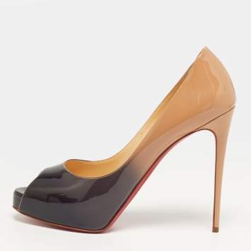 Pre Owned Christian Louboutin Very Prive Size 39 Beige/Black Two Tone Patent Leather Platform Peep Toe Pumps