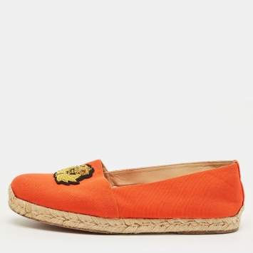 Pre Owned Christian Louboutin Gala Size 40 Orange Canvas Embroidered Crest Espadrille Flats
