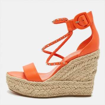 Pre Owned Christian Louboutin Chocazeppa Size 40 Orange Leather Espadrille Sandals